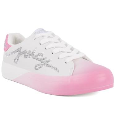 Imagem de Juicy Couture Tênis de plataforma feminino com logotipo escrito em glitter – Sapatos casuais com cadarço para o dia a dia - Aurelie, Branco, rosa, 39