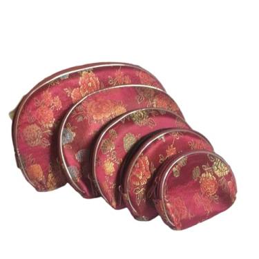 Imagem de Only My Live Home Conjunto portátil de brocado de seda com 5 tamanhos, bolsas de armazenamento de joias para viagem, bolsa com zíper, porta-moedas, bolsas leves para cosméticos (bordô (conjunto com 5