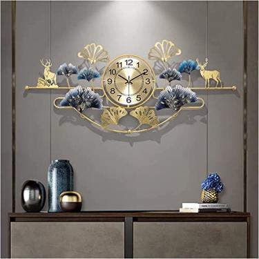 Imagem de Relógio de parede arte grande relógio de parede de metal, moderno 3D dourado folha de ginkgo decoração relógio de quartzo, silencioso, sem tique-taque, relógios de parede modernos para sala de estar