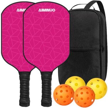 Imagem de AIMINUO Conjunto de pás de pickleball, conjunto de pás de bola de pickle de fibra de carbono, 16 mm, leves, para homens, mulheres, crianças, ambientes internos e externos, padrão geométrico, rosa