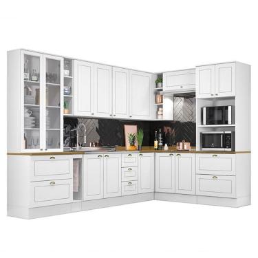 Imagem de Cozinha Completa De Canto Americana 10 Peças Branco Com Cristaleira E Tampo Nature - Móveis Henn Branco