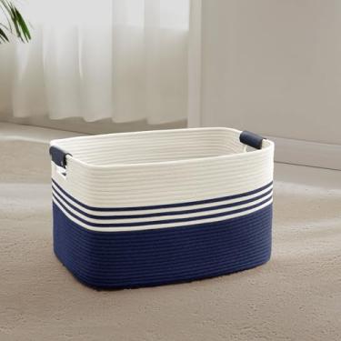 Imagem de SunNewt Cesto de lavanderia pequeno de 45 L com alças de couro para armazenamento na sala de estar, cesto de cestas de corda tecida para cobertor, brinquedo infantil, presentes, cesto de vime para