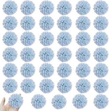 Imagem de HinyoCo 40 peças de flores artificiais de crisântemos, bola de seda, crisântemo, hortênsia, sem hastes para casa, escritório, cafeteria, festas e casamentos (azul)