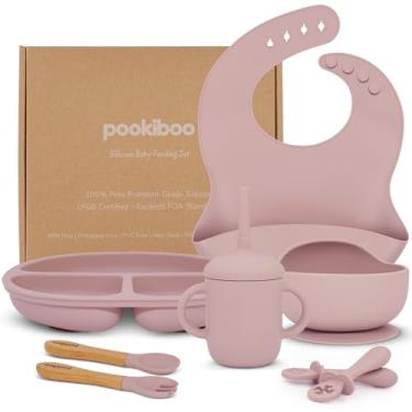 Imagem de Conjunto de alimentação de silicone para bebês - 100% puro LFGB de silicone premium - conjunto de alimentação de 8 peças: babador, copo de palha, placa de sucção e tigela, garfo e colher, colheres de