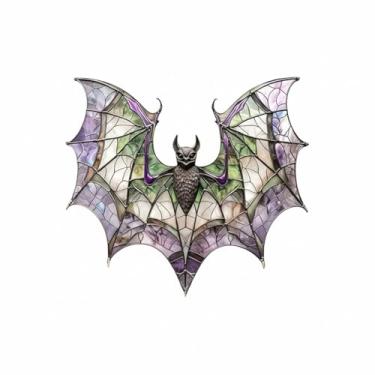 Imagem de Vitral Decorativo em Forma de Morcego, Arte de Parede Gótica, Design em Mosaico com Tons de Verde e Roxo, Decoração Fantasia