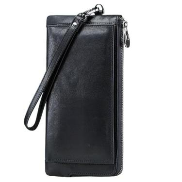 Imagem de Glorixen Carteira masculina retrô de couro legítimo, dobrável, grande capacidade, vários compartimentos para cartões, bolso com zíper, uso em viagens, Preto
