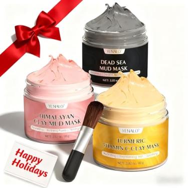 Imagem de YLNALO Máscara de argila de vitamina C de açafrão, máscara de lama do Mar Morto e máscara de argila do Himalaia, conjunto de cuidados com a pele facial para limpeza profunda dos poros,