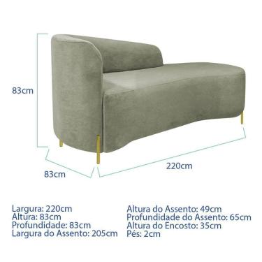 Imagem de Divã Recamier Orgânico França 220cm Lado Dir Pés Metal Dourado Bouclé Cor Verde Oliva