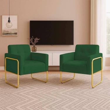 Imagem de Poltrona Sala Industrial Alta Tubo Dourado Kit 2 Elisa Suede Verde D03 - D`rossi