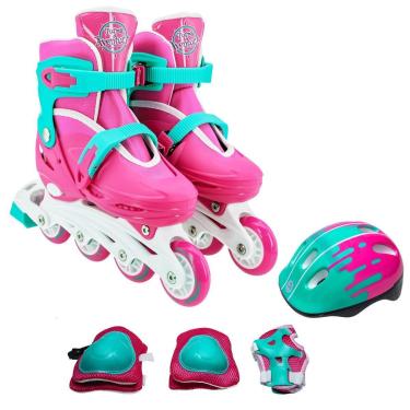 Imagem de Patins 4 Rodas Infantil Feminino Rosa 30-33 Kit Proteção-Feminino