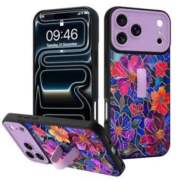 Imagem de Fiyart Capa projetada para iPhone 17 Pro Max com estampa floral de flores roxas, alça de dedo integrada para mulheres e meninas, TPU rígido PC à prova de choque 3D dourado bumper 17.5 cm