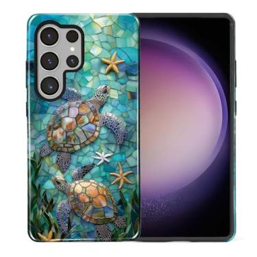 Imagem de CARLOCA Capa para Samsung Galaxy S25 Ultra, design de mosaico de vitral de tartaruga marinha híbrida proteção dupla TPU macio + PC rígido, capa à prova de choque antiarranhões masculina e feminina