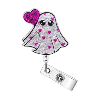 Imagem de Carretel de crachá de fantasma de coração roxo para dia dos namorados, carretéis de crachá de fantasma com glitter, retrátil, clipe de crachá de acrílico retrátil para enfermeira, médica, professora