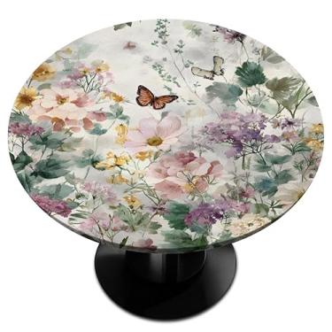 Imagem de Bardic Toalha de mesa redonda com bordas elásticas, borboleta floral tropical primavera impermeável toalha de mesa limpa para ambientes externos internos e cozinha – serve para mesas de 114 a 142 cm