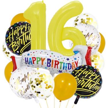 Imagem de Balões amarelos número 16. Balões de alumínio grandes de aniversário amarelos, balões coloridos de 16 anos para decoração de festa de aniversário de 16 anos, suprimentos para decoração de festa de