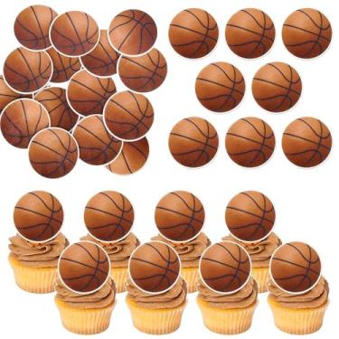 Imagem de Pacote com 60 topos de cupcake de basquete comestíveis papel wafer bolas esportivas comestíveis palhetas de bolo para tema de basquete chá de bebê crianças festa de aniversário decoração de bolos