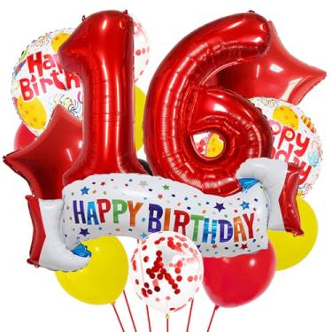 Imagem de Conjunto de decoração de aniversário de 16 anos, balão de 16 anos de coração rosa, balão colorido com faixa de feliz aniversário de 16 anos para meninas, meninos, crianças, adultos, número vermelho