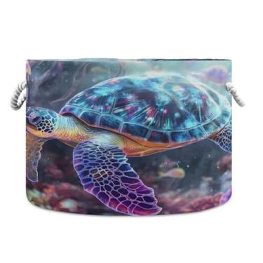 Imagem de JUZIHAI Cesta de armazenamento dobrável de água-viva tartaruga do oceano cesto de roupa suja para bebês com alças de corda de algodão, caixa organizadora de armário dobrável para quarto, berçário