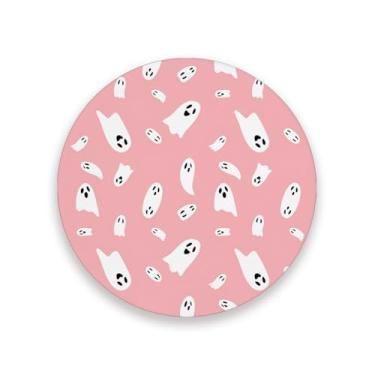 Imagem de JUZIHAI Conjunto de 2 porta-copos de Halloween Ghosts, porta-copos redondos absorventes de pedra de cerâmica com base de cortiça, tapete de proteção de mesa para cozinha, bar, decoração de casa