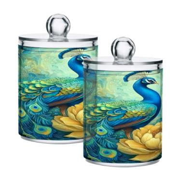 Imagem de Qilmy Qtip Suporte de boticário de 400 ml, frasco de plástico transparente de peônia amarela e pavão com tampa, dispensador de recipiente de banheiro para bola de algodão, cotonete, fio dental, pacote