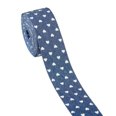 Imagem de Kissitty Fita de tecido jeans de 4,5 m de largura, tiras de tecido jeans para artesanato, fita azul jeans de poliéster com padrão de coração para laço, faça você mesmo, clipe de cabelo, roupas