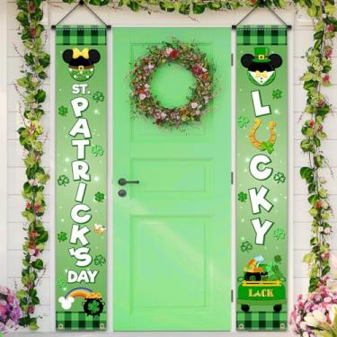 Imagem de Decoração de bandeira de porta do dia de São Patrício, decoração do dia de São Patrício, desenho animado, placa de varanda, trevo trevo sorte, faixa suspensa para festa de São Patrício com tema