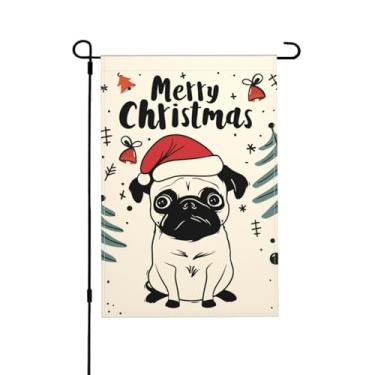Imagem de Bandeira de jardim de Natal Pug Dog dupla face vertical sazonal inverno exterior quintal decorações de gramado 12,5 x 18 polegadas