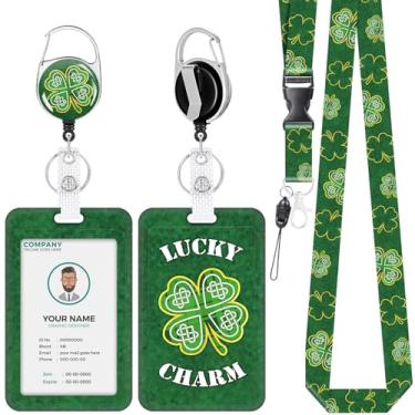 Imagem de Cordão de Dia de São Patrício para crachás de identificação, lindo suporte de crachá com clipe retrátil, etiqueta de nome de trabalho de trevo, cordão de separação, capa protetora vertical de cartão