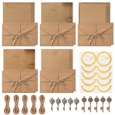 Imagem de RAORAOYUE Conjunto de 5 conjuntos de papel de papelaria vintage e envelopes, 20 papéis de papelaria, 10 envelopes kraft, 10 adesivos de selagem, 10 acessórios de metal