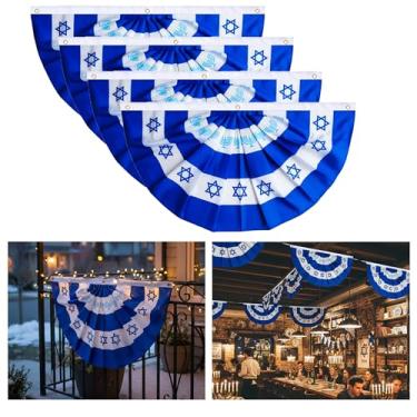 Imagem de Pacote com 4 bandeiras de Hanukkah, bandeiras azuis e brancas de meio leque com estrela de Davi e menorá, faixa de leque plissada de poliéster com ilhós, decorações de festival de luzes ao ar livre