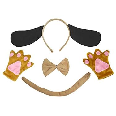 Imagem de Petitebella Luvas longas para orelhas de cachorro com laço e cauda 4 peças fantasia 1-10 anos (bege-2, 5-10 anos)