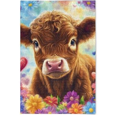 Imagem de Quebra-cabeça floral de vaca Highland bonito para adultos 500 peças presentes engraçados de jogo de quebra-cabeça arte personalizada quebra-cabeças rígidos flores estampa animal, 52 cm x 37,8 cm