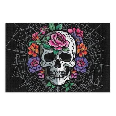 Imagem de Quebra-cabeça preto com flores de caveira 1000 peças para adultos, jogo de quebra-cabeça engraçado, presente exclusivo para adultos, pintura de belas artes, 75 x 40 cm