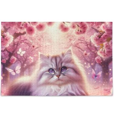 Imagem de Quebra-cabeça de gato flor de cerejeira rosa 500 peças adultos quebra-cabeça arte arte prima jogo personalizado engraçado, 52 cm x 37,8 cm