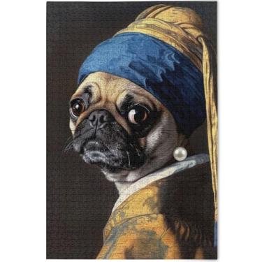 Imagem de Quebra-cabeça de cachorro Pug engraçado personalizado com brinco de pérola, 500 peças, adultos, família, brinquedo, arte, natureza, quebra-cabeças, jogos tecnológicos, presentes, 52 x 37,8 cm
