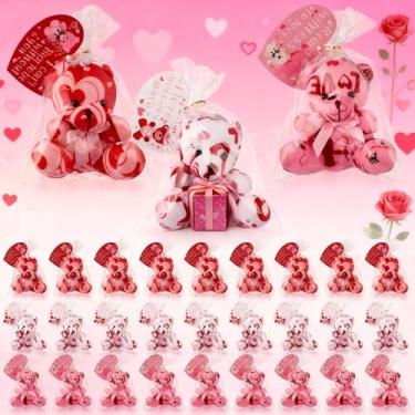 Imagem de Poen Pacote com 27 mini ursos de pelúcia com cartões de coração para crianças em sala de aula, intercâmbio escolar, presentes de Dia dos Namorados, chaveiro vermelho de bicho de pelúcia para