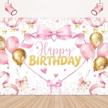 Imagem de LIGHTINHOME Pano de fundo de feliz aniversário 7Wx5H pés para menina arco rosa bownot balão dourado princesa doce criança mulheres festa moderna fotografia decoração de fundo cabine foto estúdio
