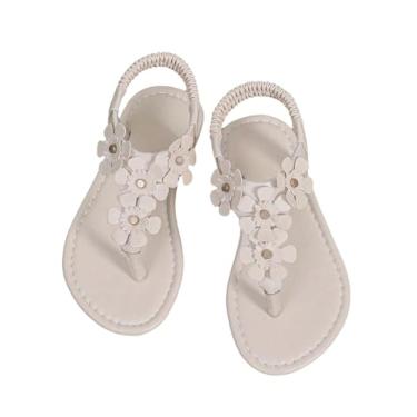 Imagem de GORGLITTER Sandálias de flor para meninas, bico aberto, tiras em T, sandálias de verão para férias na praia, Bege, 13.5 Big Kid