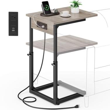 Imagem de Vagusicc Mesa de canto em forma de C com estação de carregamento, mesa lateral de 84 cm de altura para sofá, mesa lateral de sofá de altura ajustável, mesa lateral para sofá, mesa de TV para sala de
