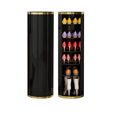 Imagem de Sapateira redonda criativa independente de metal com rotação de 360° armário de sapatos cilíndrico vertical organizador de prateleira sem porta para economia de espaço de entrada (preto 39 cm de