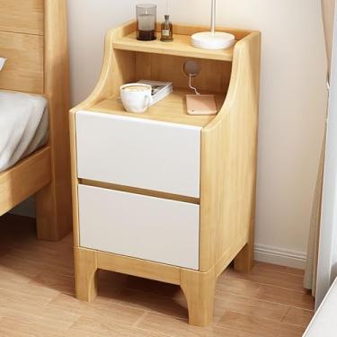 Imagem de Baú de cabeceira, moderno, mesa de canto com 2 gavetas e prateleira aberta mesa de cabeceira de madeira de 35 x 35 x 65 cm, móveis com suporte para quarto, espaço pequeno, branco + natural
