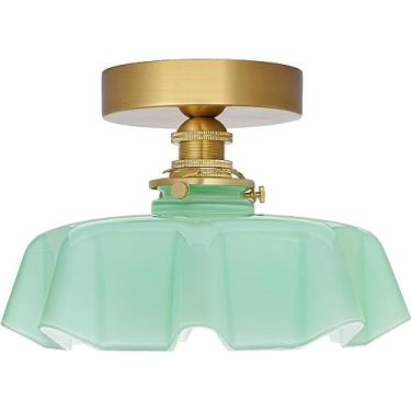 Imagem de RAUGAJ Lustres, luzes de teto, luz de teto de latão semi-embutida, luminárias de teto de sombra de vidro pequenas fofas para entrada de corredor de armário / verde
