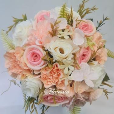 Imagem de Buquê de Noiva Artificial com Flores Coloridas para Casamento Civil ou Religioso(Rosa/Salmão/Branco)