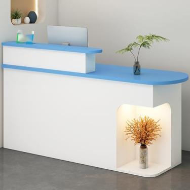 Imagem de Mesa de recepção pequena moderna com luz LED e gaveta com trava, balcão de recepção frontal azul com armário de armazenamento para escritório (100 cm)