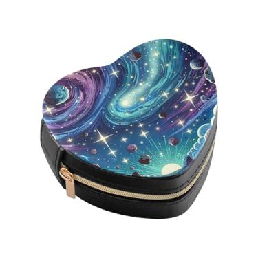 Imagem de Burbuja Caixa de joias em forma de coração de galáxia de desenho animado mini estojo de joias de viagem para mulheres e meninas, estojo portátil organizador de armazenamento para brincos, anéis