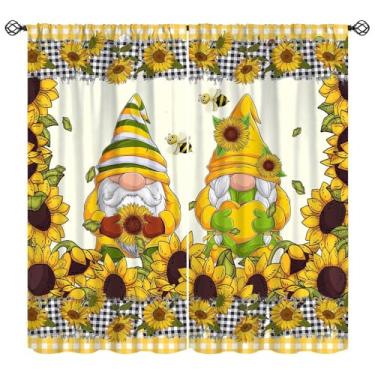 Imagem de Cortina de abelha de girassol gnomos arte xadrez bonito desenho animado quarto escurecimento cortinas de janela para quarto sala de estar cozinha campo casa de campo (L20xC15 polegadas) x 2 decoração