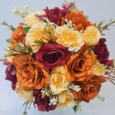 Imagem de Buquê de Noiva Artificial com Flores Coloridas para Casamento Civil ou Religioso(Terracota/Amarelo/Vermelho)
