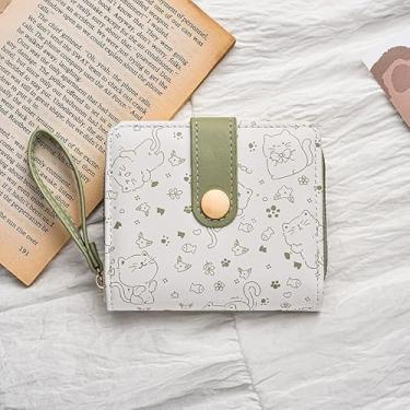 Imagem de Carteira feminina de couro com estampa de gato, pequena com janela para identidade, porta-cartões de crédito, porta-moedas, Verde, Retrô