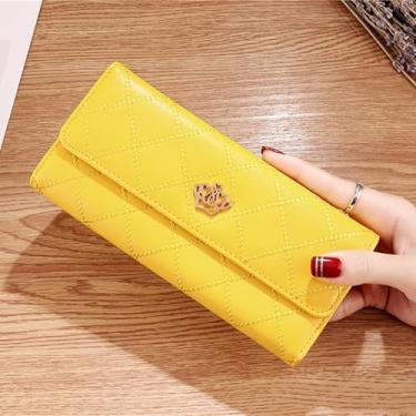 Imagem de Carteira feminina longa dobrável de couro com zíper e fivela para cartão e dinheiro para viagens, encontros e compras, Amarelo, Retrô