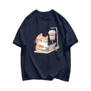 Imagem de Camisetas Femininas De Algodão Para O Verão, Com Estampa De Gatos E Ca